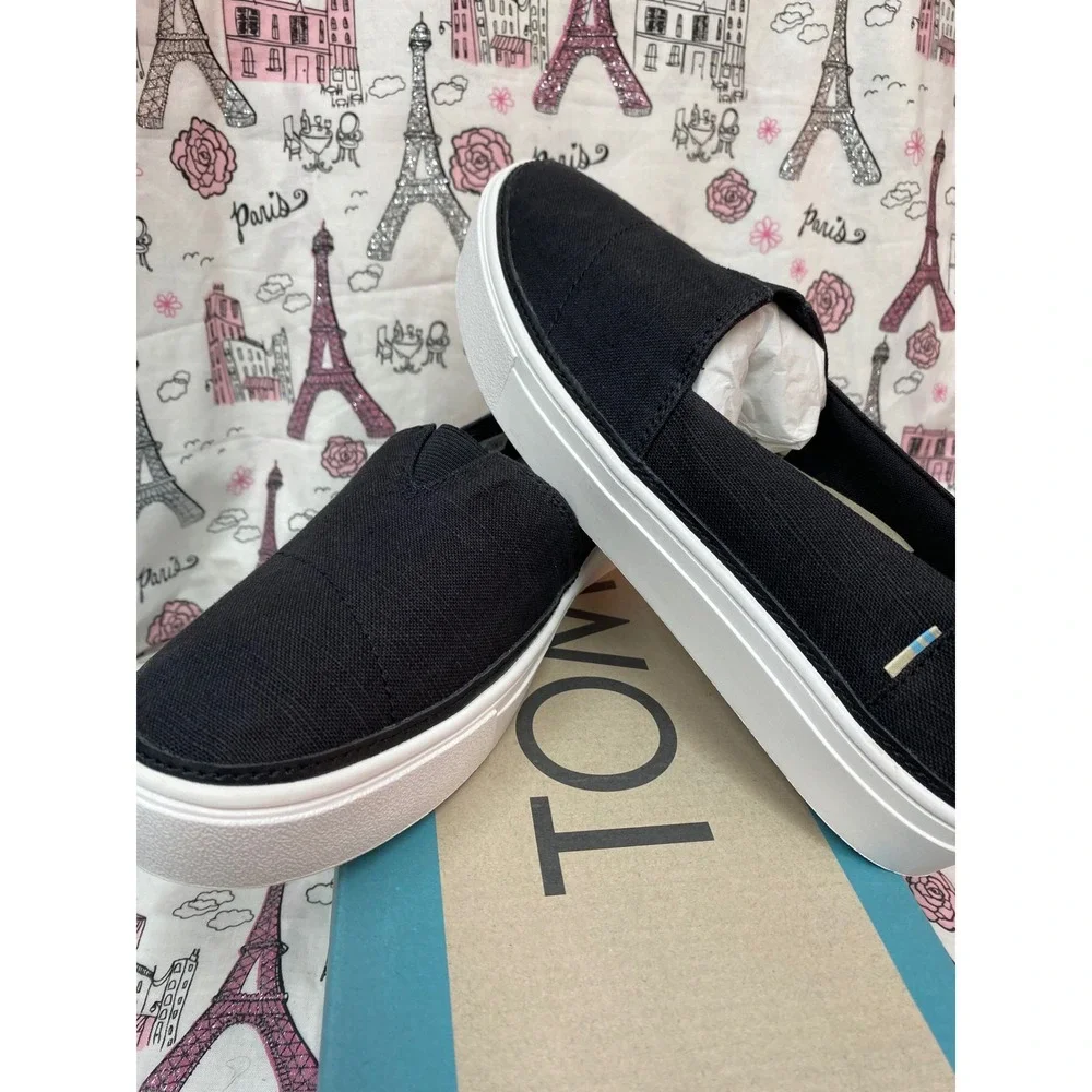 TOMS Parker Black Textured Linen Platform Slip On Sneakers WMN 8 10016770